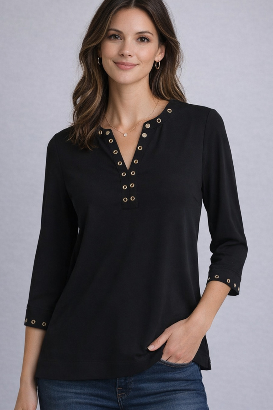 Chico’s Black Grommet Blouse Small 3/4 Sleeve V Neck Career Top Boho Goth